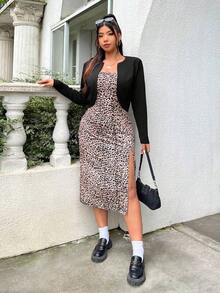Vestido midi ajustado sin mangas con abertura lateral, busto fruncido, estampado de leopardo y estampado animal, de estilo casual y sexy, ligero para fiestas, vacaciones de verano y principios de otoño, para mujeres de talla grande - Multicolor - Ver 6