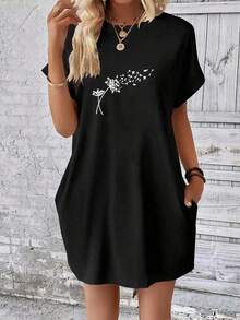 Vestido de mujer con bolsillos estampado diente de león Ropa casual suelta para el verano - Negro - Ver 5