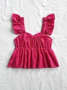 Blusa de corte de línea A con cuello cuadrado, manga corta y estampado retro azul y blanco, adecuada para fiestas, citas, el Día de San Valentín, el té de la tarde - Rosa Fucsia - Ver 2