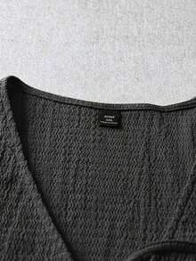 Blusa casual de manga corta con nudo delantero de unicolor para mujer de talla grande - Negro - Ver 4