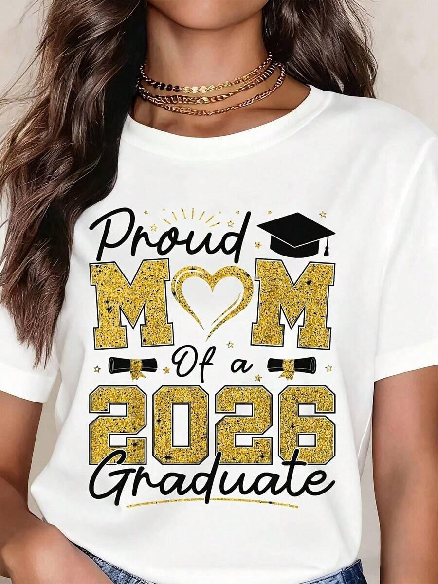 Women's Graffiti T-Shirt "Proud Mom Of A 2026 Graduate", Casual, Crew Neck, Short Sleeve, Perfect As A Birthday Gift, Suitable For All Seasons, For Everyday Outdoor Wear. Fashionable Summer Cotton T-Shirt - 白色 - 查看 1