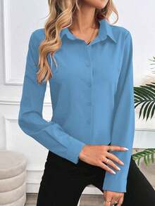 Blusa de unicolor informal para mujer para usar en el trabajo/diario, primavera-verano, con mangas largas - Azul - Ver 3