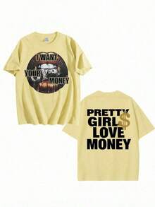 Fly "I Want Your Money" Hip-Hop Style T-Shirt, 100% Cotton, Double-Sided Print, Suitable For Men And Women, The Best Gift For Summer, Casual Short Sleeve T-Shirt - Premium Cotton T-Shirts With Graphic Print And Round Neck - Unisex Loose Fit T-Shirt, Comfortable, Urban Vintage Style. - 黃色 - 查看 2