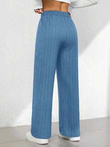 Pantalones capri de pierna ancha con textura de estilo casual de verano - Azul - Ver 7