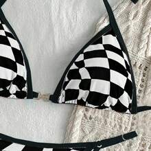 Swim Vcay 2pcs Women Spring Break Checkered Print Halter Neck Sexy Bikini Set For Summer Beach Vacation - Multicolor - Ver 5