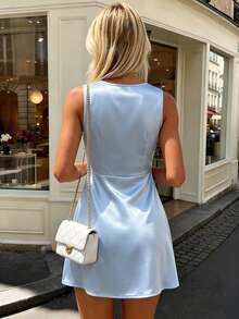 1 pieza Vestido elegante y con mangas sin mangas, con parches de encaje y cordones, adecuado para vacaciones, casual, citas, fiestas, verano, hecho de tela de satén, adecuado para el ho - Azul - Ver 4