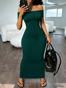 Vestido elegante de unicolor con hombros descubiertos y mangas cortas ajustado para mujer - Verde Oscuro - Ver 4