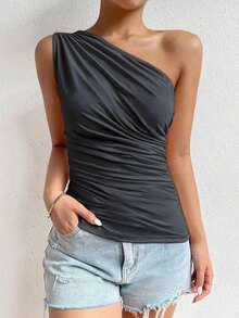 Parte superior de un solo hombro con plisado de unicolor informal de verano para mujer - Gris Oscuro - Ver 5