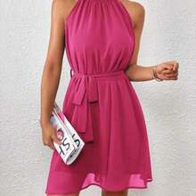 Solid Belted Halter Dress - Rosa Fucsia - Ver 1