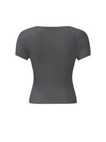 Set de 3 camisetas de mujer de manga corta con cuello en U, tops ajustados y cortos de color liso casual y de moda para el verano - Multicolor 6 - Ver 4
