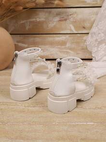 1 Pair Women's White Wedge Sandals, Solid Color PU Strap + Shiny Pearl Mesh Decor, Round Toe Fish Mouth Open Toe Platform Thick Heel Backstrap Zipper Design, Fashionable French Fairy Princess High-Top Roman Sandals, Suitable For Casual, Vacation, Party In Spring/Summer - White - View 5
