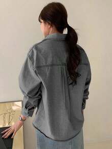 Camisa vaquera de lavado claro con cuello, bolsillos, ajuste holgado de manga larga, para primavera/verano/otoño - Gris Claro - Ver 2