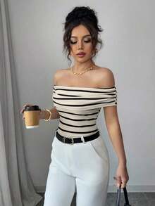 Elegante camiseta a rayas de hombros descubiertos, estilo francés vintage, para uso en vacaciones de estilo bohemio y para uso diario casual - Albaricoque - Ver 8