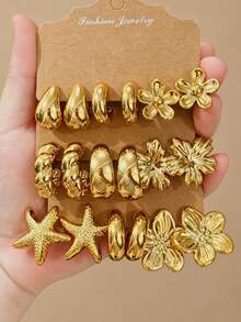 6/18pcs Gold Tone Large Starfish, Assorted Flower, Smooth Water Drop C-Shaped Twist Hoop Earrings Set, Best Gift For Friends And Family - Gold - View 1