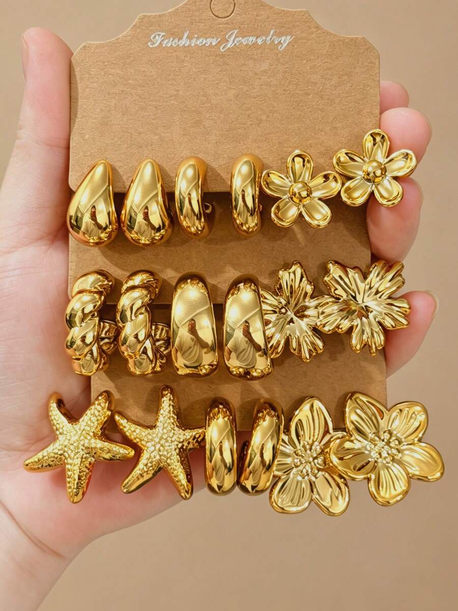 6/18pcs Gold Tone Large Starfish, Assorted Flower, Smooth Water Drop C-Shaped Twist Hoop Earrings Set, Best Gift For Friends And Family - Gold - View 1