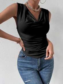 Blusa sin mangas blanca para mujer, adecuada para la oficina, de vuelta a la temporada escolar, otoño - Negro - Ver 5