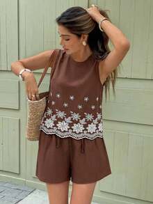 Set de 2 piezas de top sin mangas y shorts para mujer, de moda para el verano - Marrón - Ver 8