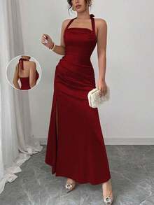 Vestido camisero elegante de color champagne, con tela de satén elástica y abertura lateral de largo maxi - Burdeos 2 - Ver 8