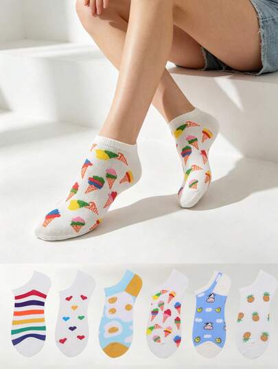 3/6 đôi tất thuyền mỏng mùa hè dành cho nữ, tất thuyền hoạt hình dễ thương, tất cổ thấp vô hình với họa tiết trái tim, dứa, kem, trứng, tất ngắn đa năng.