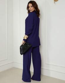 Premium Women's Double Blazer And Pants Set - Navy Blue - View 3