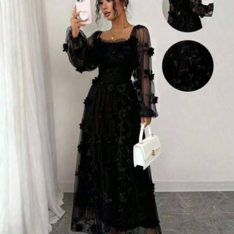 Elenzya Women's Elegant Retro Charming Princess Gentle Lady Net Yarn Long Sleeve Square Collar Waist A-Line Fluffy Hem Solid Color 3D Floral Embroidered Net Dress Fall Cloth For Women - Negro - Ver 1