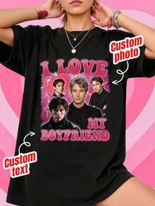 Camiseta personalizada con foto de rostro, Camiseta personalizada con nombre e imagen, Regalo personalizado, Camiseta de regalo del Día de San Valentín "Amo a mi novio" personalizada con foto, "Amo a mi novio" personalizada con corazón, negra de verano - Negro - Ver 6