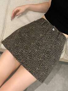 Falda vaquera casual con botones delanteros y bolsillos con estampado de leopardo - Marrón 2 - Ver 7