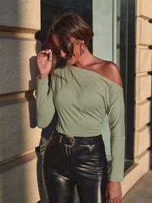1 pieza Camisa de manga larga elegante de unicolor con cuello plisado asimétrico para ir al trabajo - Verde Oliva - Ver 5
