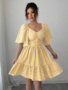 Elenzya Vestido de primavera y verano de talla media con rayas azules y blancas, manga corta, elegante y casual, con cintura ajustada para mujeres - Multicolor - Ver 4