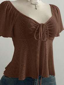Blusa casual versátil de estilo francés para mujer, de punto puro blanco, con cuello en V, cordón y manga corta ajustada - Café integral - Ver 4