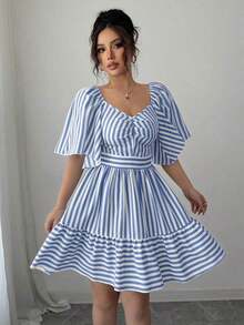 Elenzya Vestido de primavera y verano de talla media con rayas azules y blancas, manga corta, elegante y casual, con cintura ajustada para mujeres - Azul y blanco - Ver 4