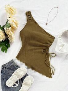 Camiseta de tirante único de punto jacquard texturizado de color beige para mujer, adecuada para fiesta, cita, Día de San Valentín, Pascua, carnaval, té de la tarde, playa, crucero, vacaciones en la ciudad - Marrón 3 - Ver 4