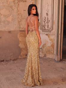 Faeriesty Elegant Lace-Up Backless Sequin Prom Dress - Champagne - View 3