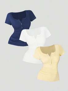 3 piezas Camisetas de manga corta casuales y versátiles de unicolor con pliegues para mujer - Multicolor 10 - Ver 10