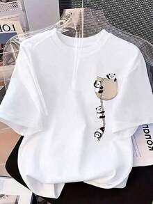 Camiseta de manga corta con cuello redondo para mujer talla grande, con estampado de cuerda de escalada de panda de dibujos animados, de estilo japonés, fresca, linda y divertida. Suave y adorable, de moda para primavera y verano, adecuada para uso casual diario, ir al trabajo, la escuela, citas y salidas. Blanco - Multicolor - Ver 9