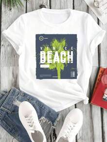 Conjunto de verano para mujer: Camiseta de mujer blanca con estampado vintage de palmeras de Venice Beach - Camiseta casual de manga corta y cuello redondo, adecu para verano, primavera y uso durante todo el año, lavable a máquina con estampado de palmeras, i para atuendos de playa, uso casual diario y ropa de baño - Blanco - Ver 2
