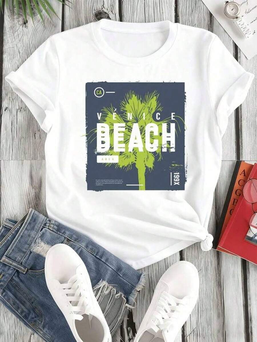 Conjunto de verano para mujer: Camiseta de mujer blanca con estampado vintage de palmeras de Venice Beach - Camiseta casual de manga corta y cuello redondo, adecu para verano, primavera y uso durante todo el año, lavable a máquina con estampado de palmeras, i para atuendos de playa, uso casual diario y ropa de baño