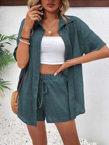 Conjunto de 2 piezas con blusa de manga corta de cuello de botones y shorts con lazo delantero, sencillo, para mujer - Azul cadete - Ver 7