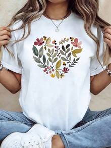 Women's T-Shirt 2026, Watercolor Heart Floral Print, White Short Sleeve Crew Neck T-Shirt - Machine Washable, Suitable For Spring, Summer And Autumn, Casual Style, Comfortable Fit, Modern Design, Versatile For Daily Wear, Soft Fabric, Fashionable T-Shirt. - 白色 - 查看 1