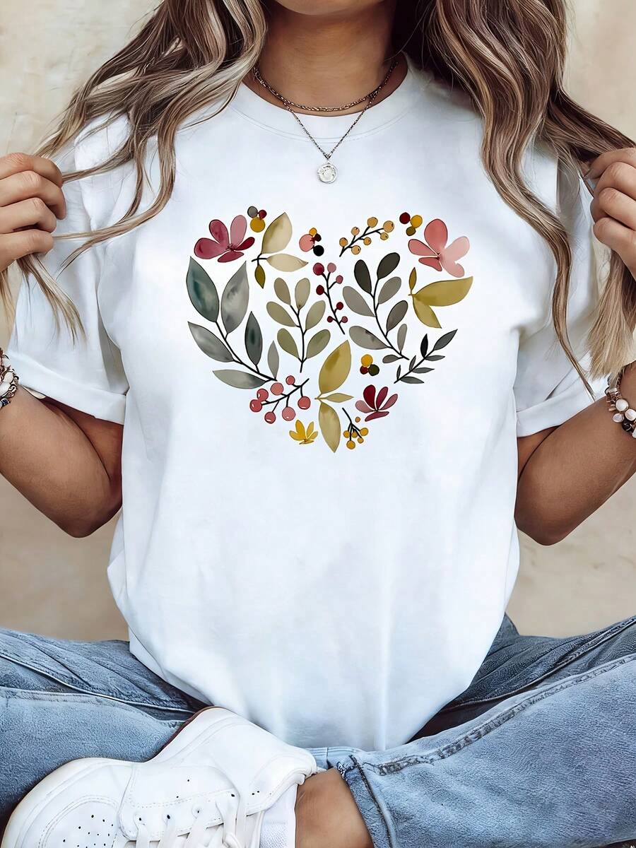Women's T-Shirt 2026, Watercolor Heart Floral Print, White Short Sleeve Crew Neck T-Shirt - Machine Washable, Suitable For Spring, Summer And Autumn, Casual Style, Comfortable Fit, Modern Design, Versatile For Daily Wear, Soft Fabric, Fashionable T-Shirt. - 白色 - 查看 1
