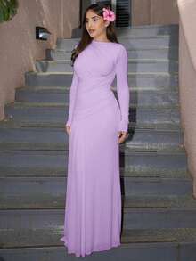 Vestido otoño elegante unicolor cuello redondo pliegues asimétricos corte ajustado estilo distinguido moda europea para mujer - Morado - Ver 3