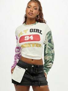 Falda mini de mezclilla desestructurada  WOMEN Y2K, con parches blancos, estilo utilitario, para festivales, ropa urbana, desgastada, de cintura alta y con borde sin rematar. - Lavado oscuro - Ver 4