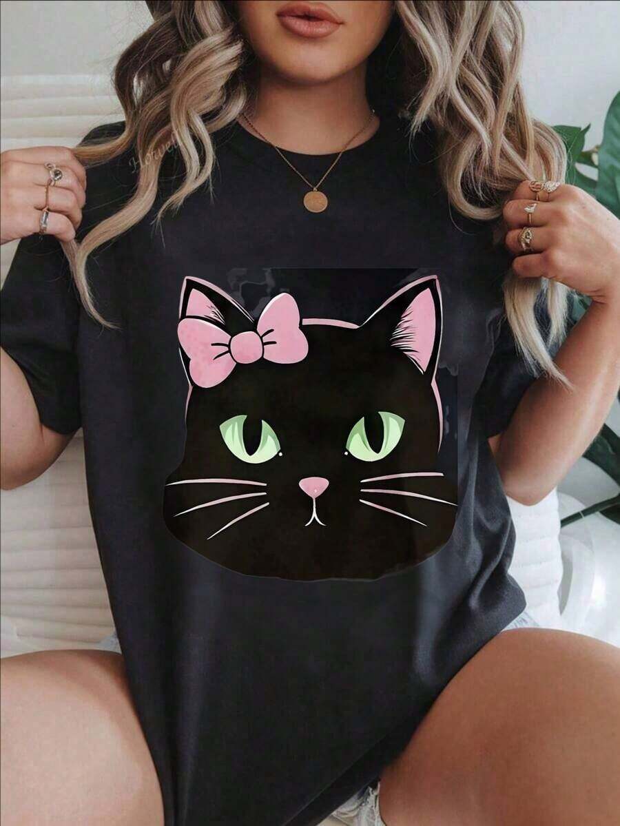 Camiseta Casual de Mujer con Estampado de Gato Negro Vintage con Lazo Rosa y Ojos Verdes, Adecuada para Todas las Temporadas  
 BlackFashion - Negro - Ver 1