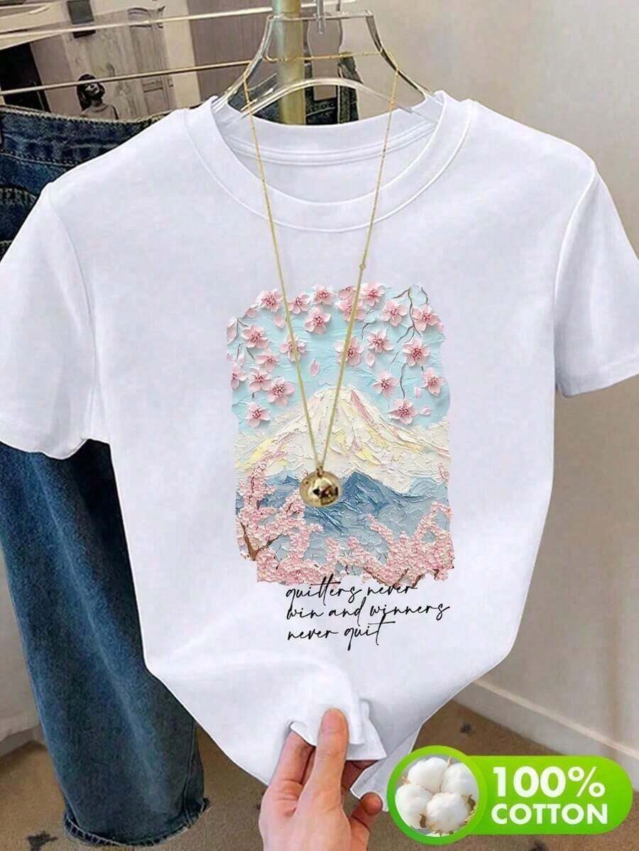 Ropa de mujer de talla grande,Camiseta de cuello redondo regular de uso diario con estampado gráfico casual para mujerPure-Cotton - Blanco - Ver 1
