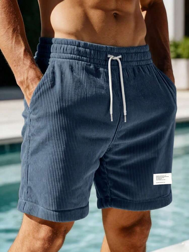 Loose And Simple Textured Corduroy Knee Shorts, Men's Japanese Lazy Style Versatile Shorts - Navy Blue - View 1