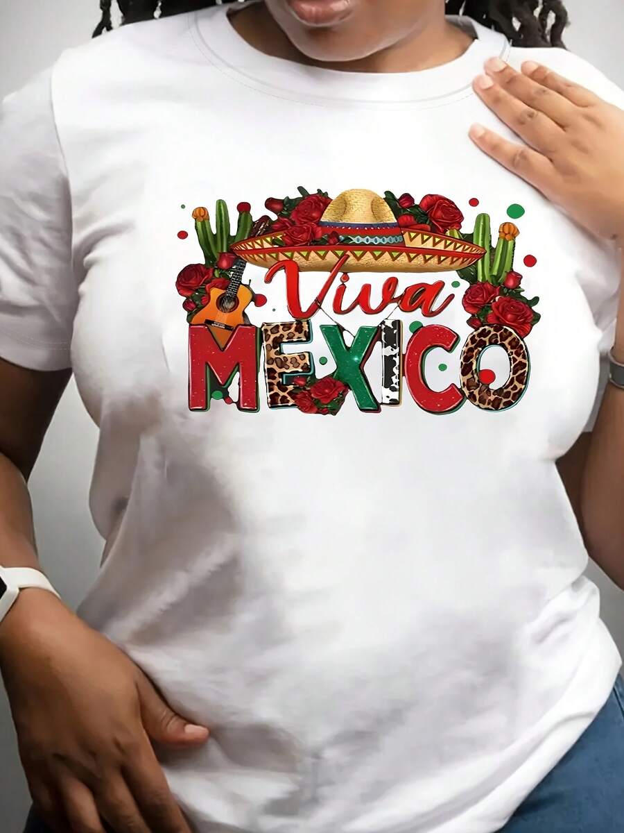 Women's Vivaéxico Limited Edition Short Sleeve Crew Neck T-Shirt - Casual Sporty Style, Soft And Breathable, 95% Polyester 5% Spandex 180g, Vibrant And Stylish Print Design, Versatile, Unique And Self-Dispensing. Lightweight Cotton - 白色 - 查看 1