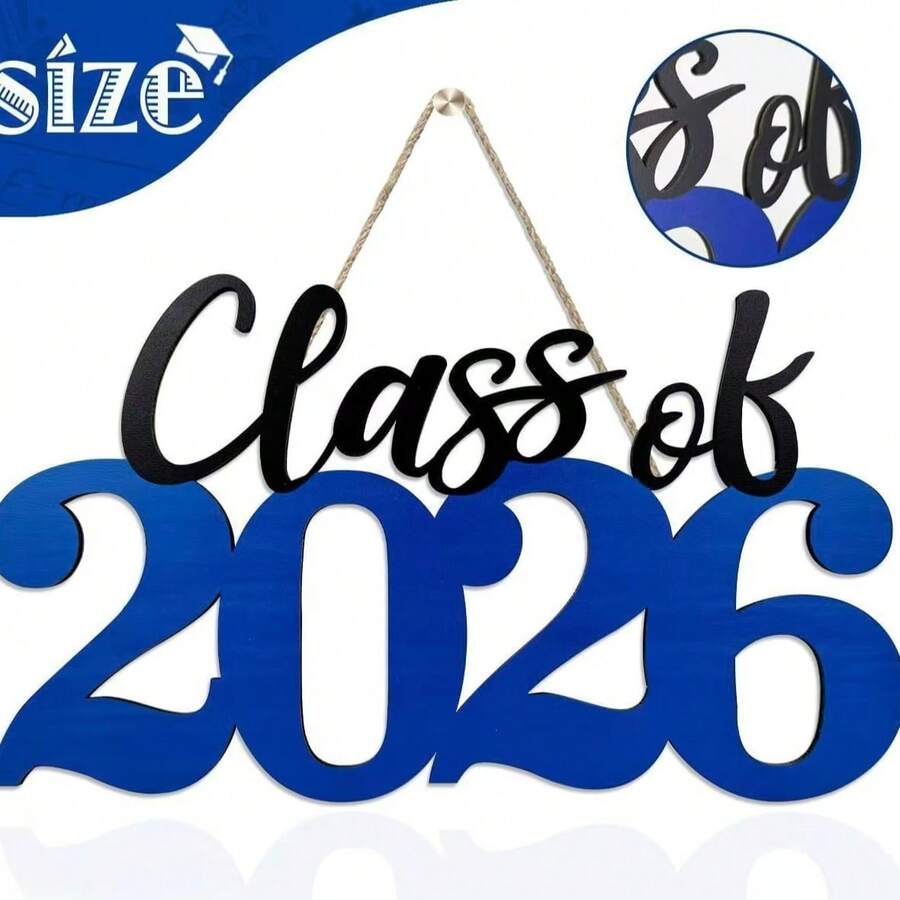 2026 Graduating Class Wooden Plaque, Graduation Party Wall Decoration, Stylish Calligraphy Font Graduation Decorations, With Hanging Cord. 2026 Graduating Class Photo Booth Props, Wooden Graduation Background Decorations, Shiny Graduation Commemorative Plaque Suitable For Bedrooms/Dormitories, Indoor/Outdoor Graduation Ceremony Decorations. - Blue - View 1