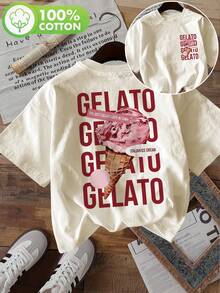 Camisetas de Moda para Mujer, Ropa de Verano para Damas, Estampado de Helado Rosa, Cuello Redondo, Manga Corta, 100% Algodón - Albaricoque - Ver 1