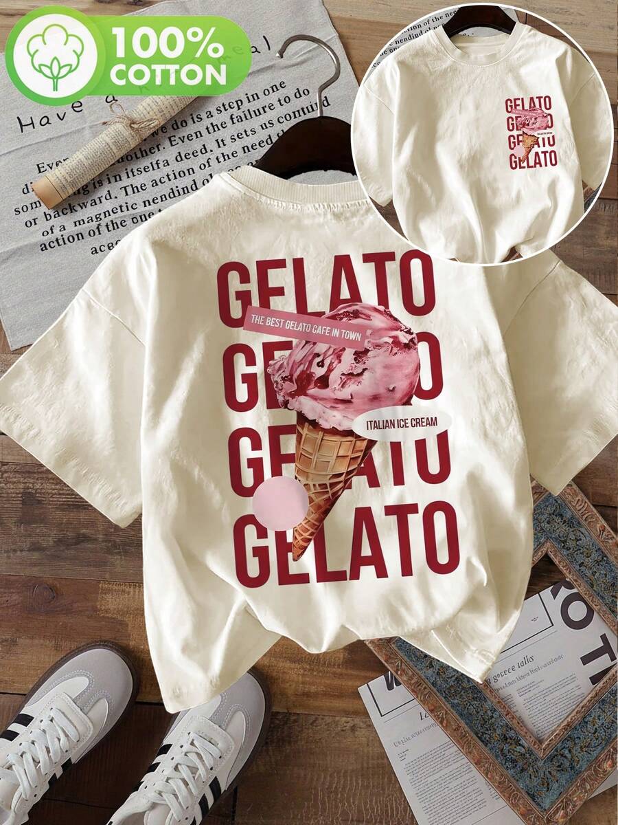 Camisetas de Moda para Mujer, Ropa de Verano para Damas, Estampado de Helado Rosa, Cuello Redondo, Manga Corta, 100% Algodón - Albaricoque - Ver 1