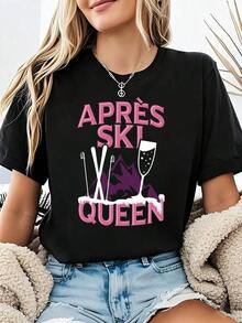 playeras de algodón mujer 1pscCamiseta con estampado de letras Apres Ski Queen, manga corta y cuello redondo, top casual para verano y primavera, ropa de mujer100%cotton ropa de mujer  Daily home top - Negro - Ver 1